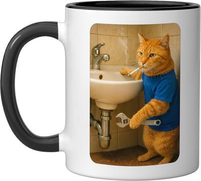 Taza de café divertida gato fontanero meme herramientas humorístico naranja