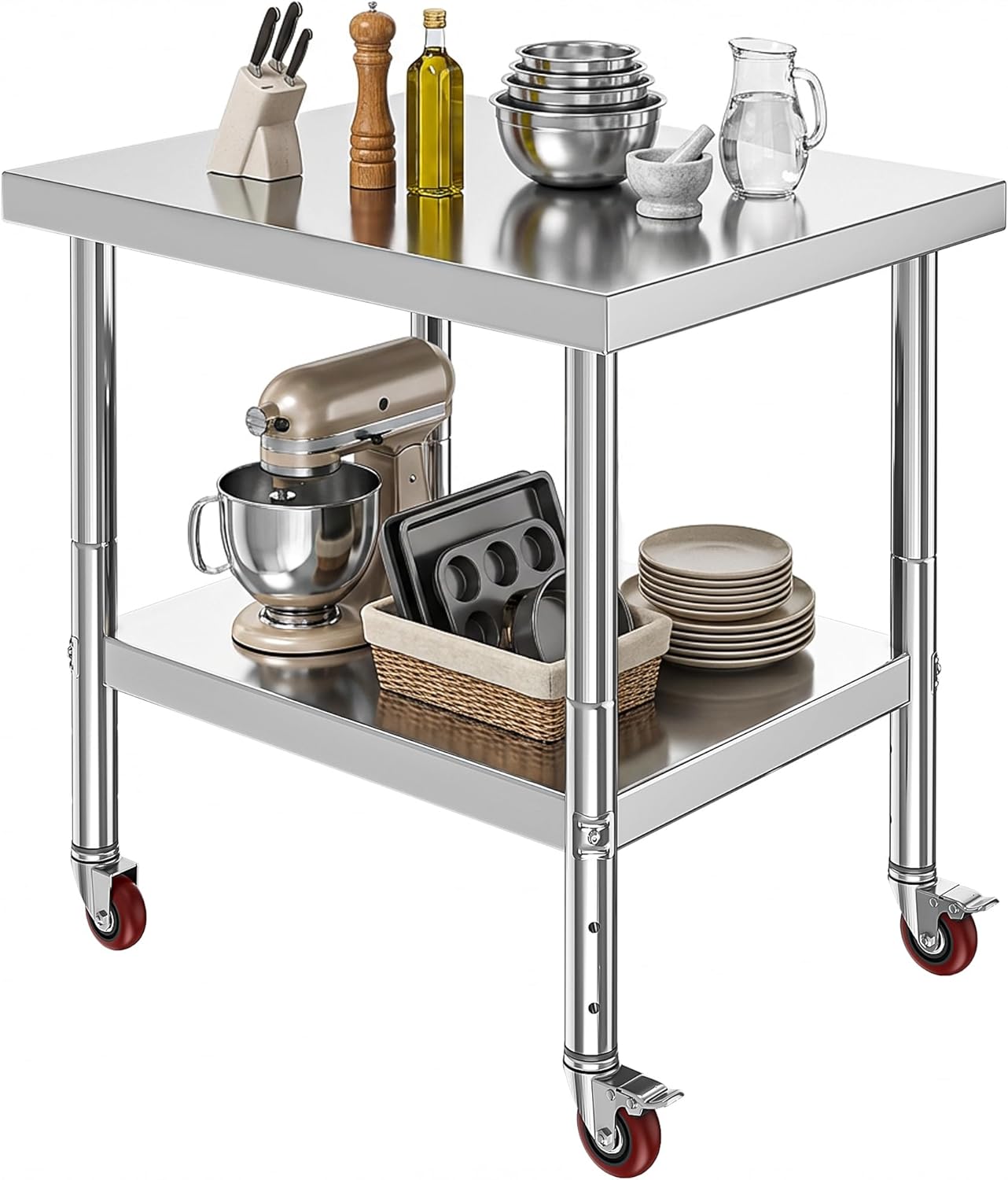 Mesa acero inox 30x24pulg con estante ajustable ruedas cocina