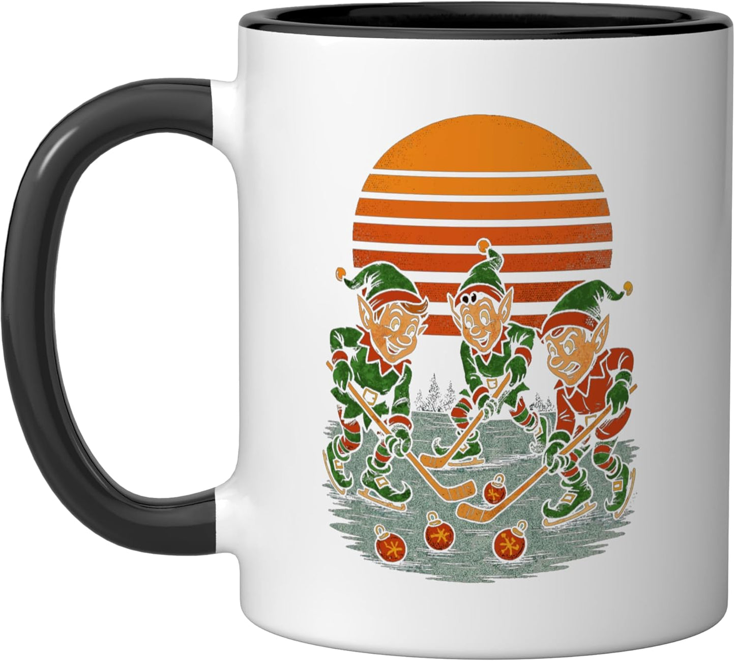 Taza cerámica navideña Festive Elves patinando hockey negro/blanco