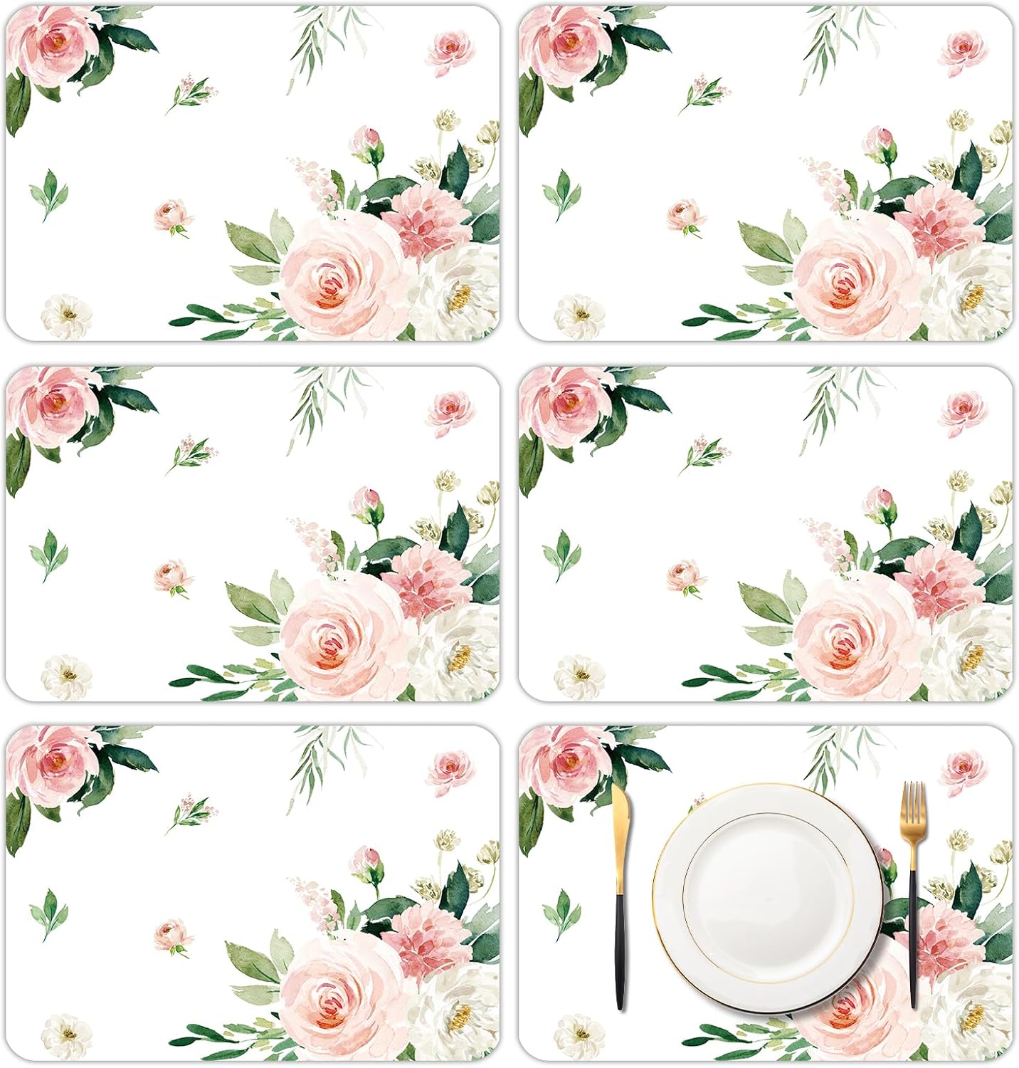 Manteles individuales con flores de acuarela rosadas 11 x 16 pulgadas
