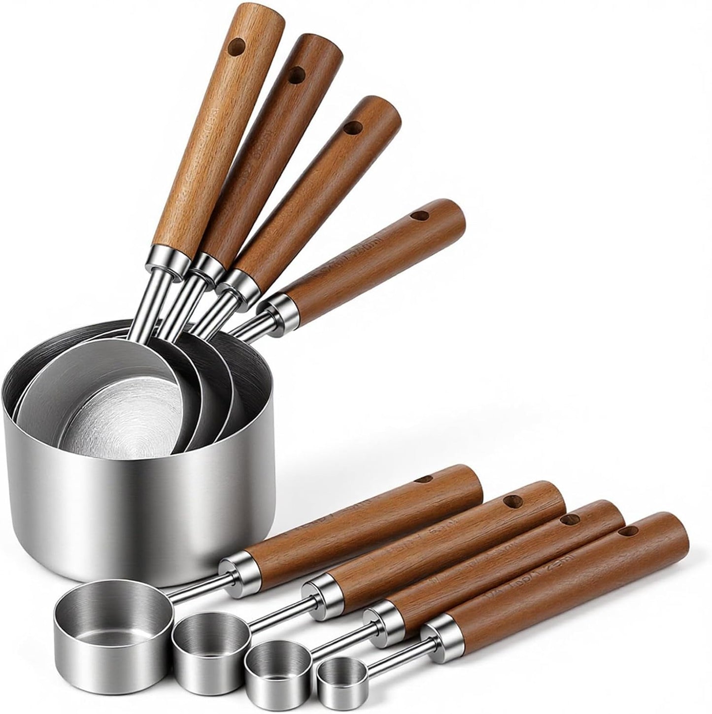Juego de tazas y cucharas medidoras 8 piezas con mango de madera