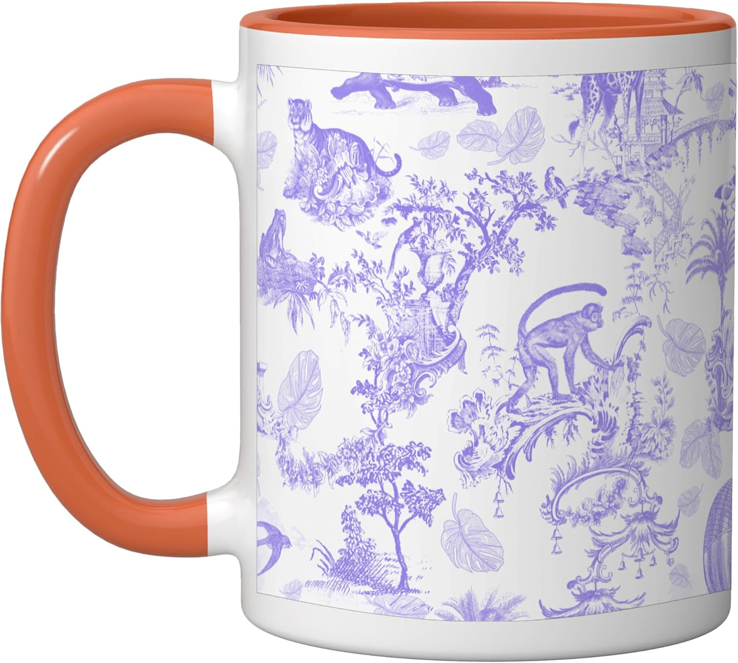 Taza cerámica chinoiserie lilac con leopardos, monos y palmeras