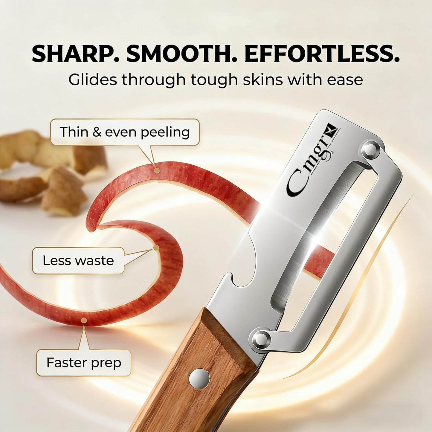 Pelador de verduras y frutas multifuncional de madera y acero inoxidable