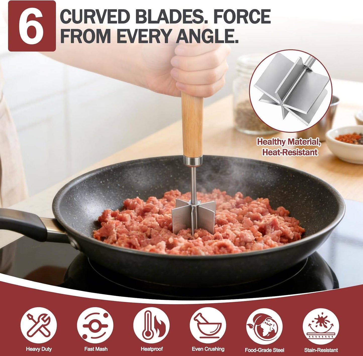 Triturador carne 6 hojas acero inox mango madera