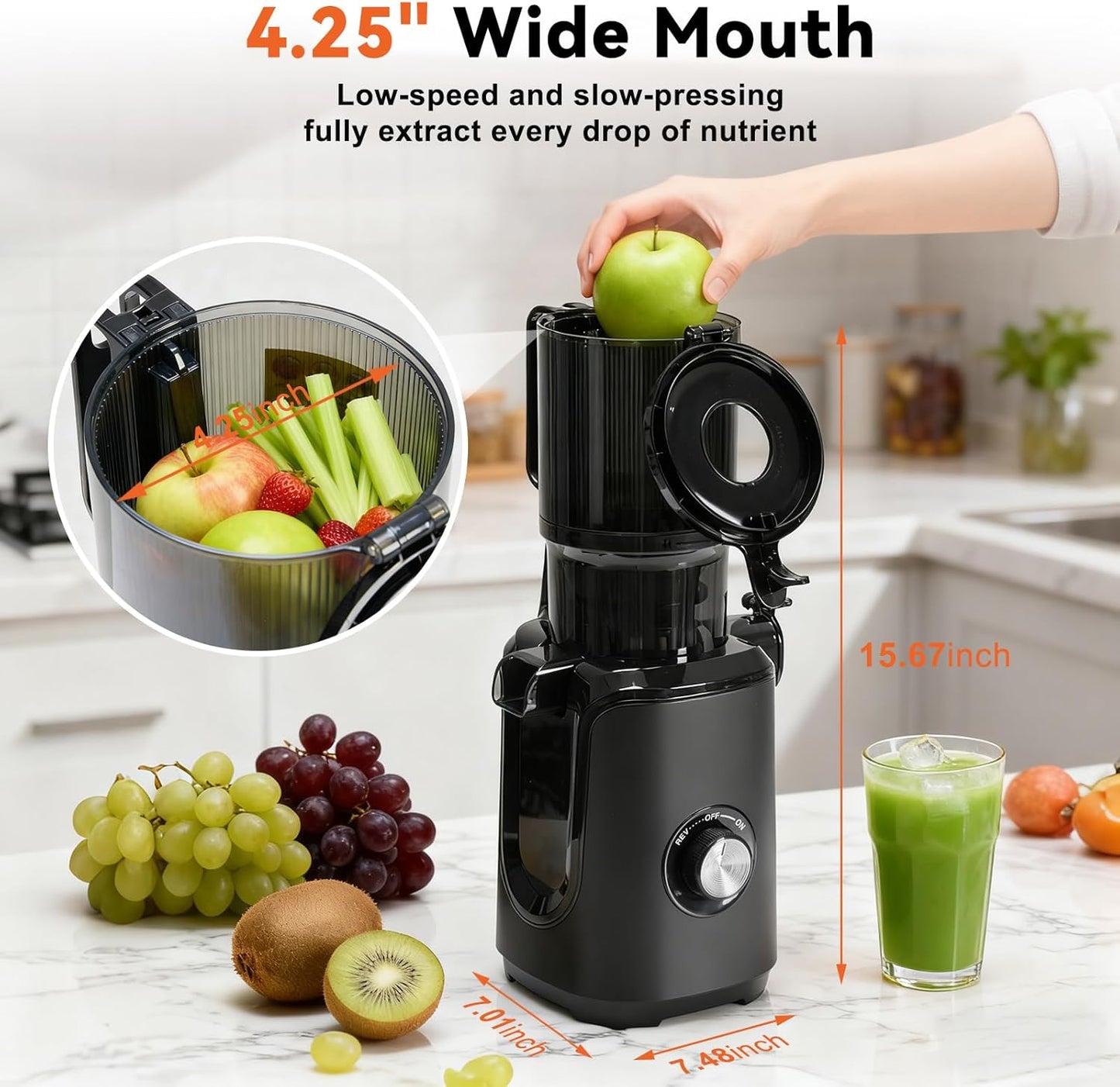 Exprimidor frío con canal ancho para frutas y verduras negro