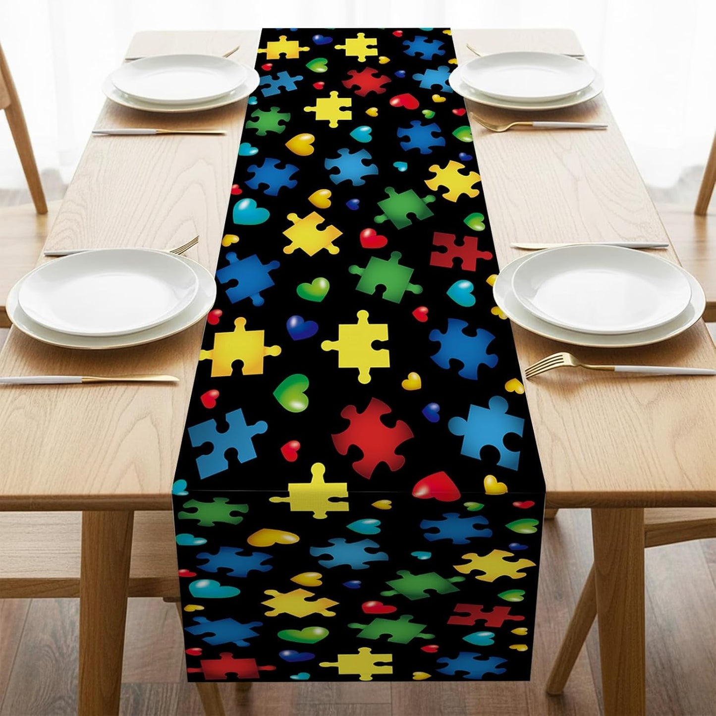 Camino de mesa de concientización sobre el autismo con diseño de corazón
