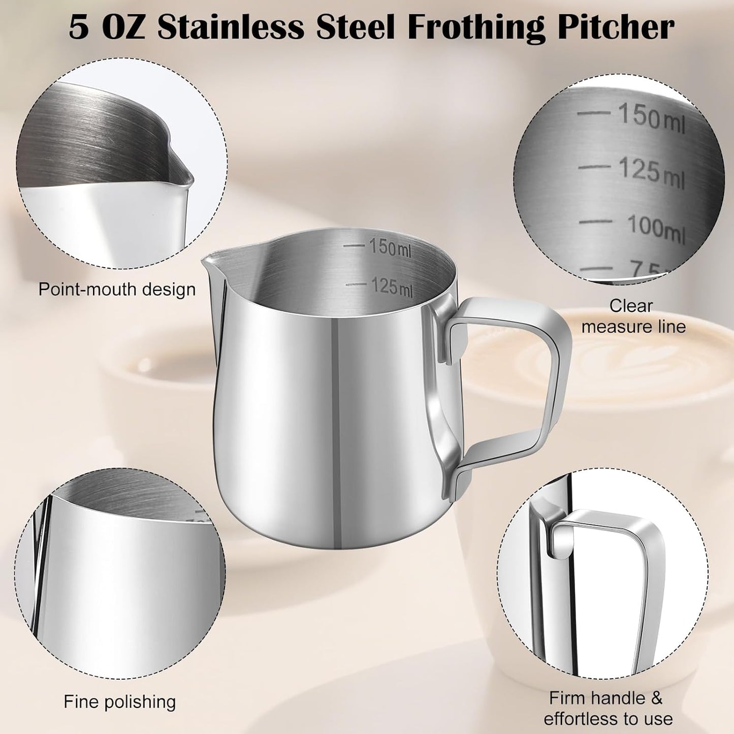 Set 9 Jarras Espuma Leche Acero Inox 5oz Plateado