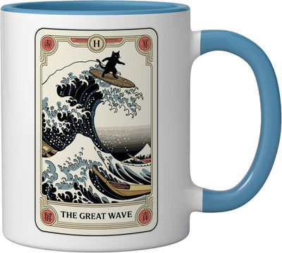 Taza Cerámica Tarot Japonesa Gato Ola Kanagawa Azul/Blanco