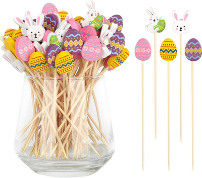100 palillos de cóctel de Pascua, elegantes palillos de dientes de conejo para aperitivos y brochetas de frutas de bambú