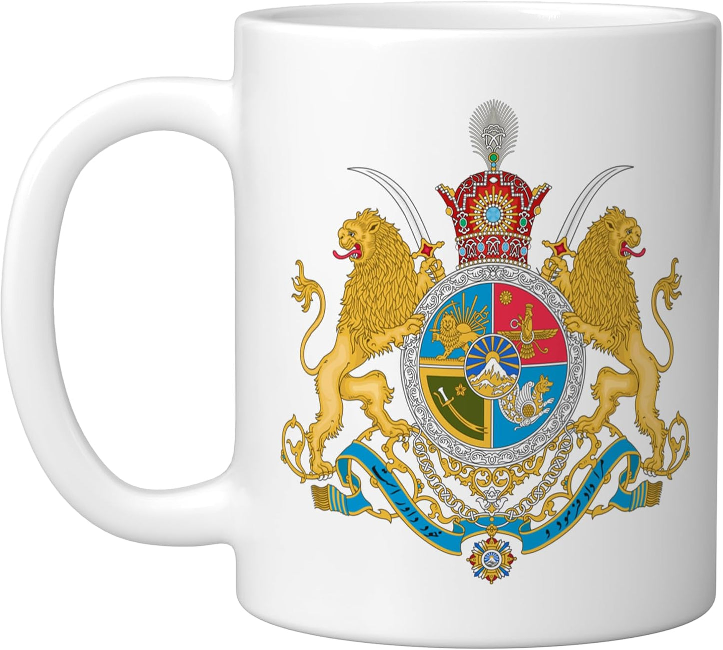 Taza cerámica con emblema histórico iraní León y Sol blanco