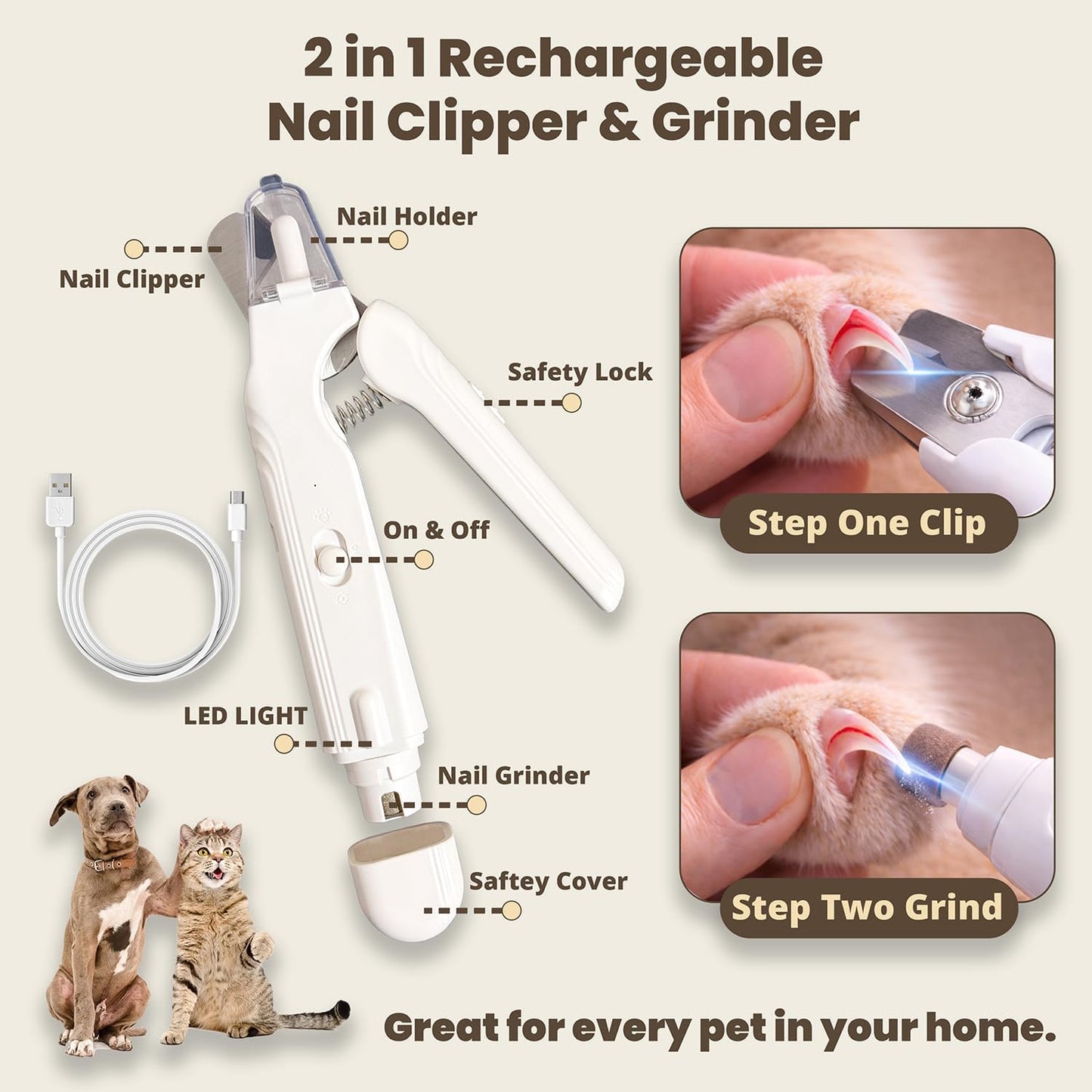 Cortauñas 2en1 perros gatos con luces LED recargable USB
