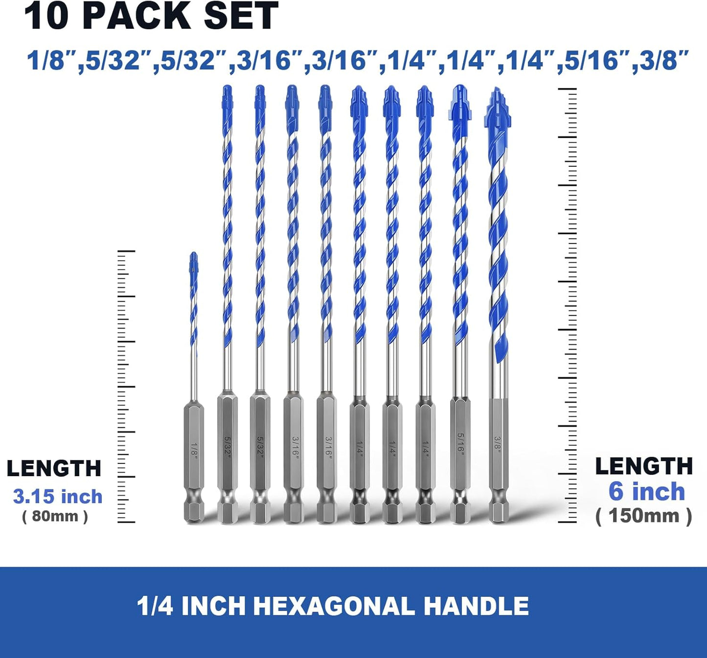 Set 10 Brocas Azulejo 1/8-3/8pulg Hexagonal