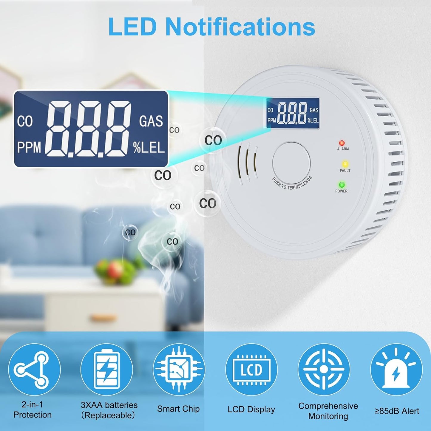 Detector humo y CO 2en1 con pantalla LCD y alertas de voz