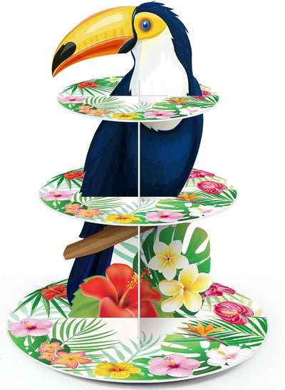 Torre de cupcakes hawaiana con soporte para tartas y decoración de fiesta