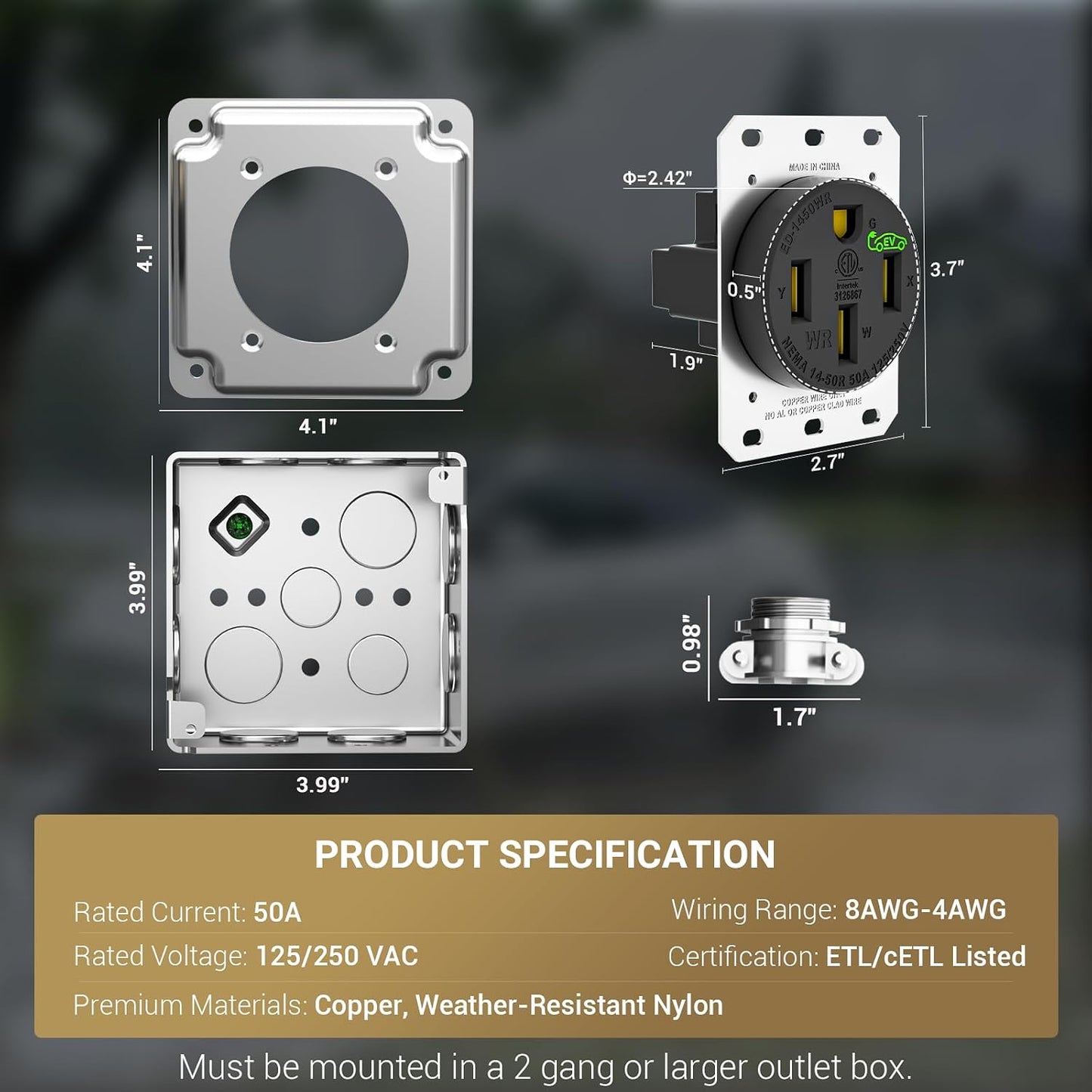Toma corriente EV Nema 14-50 50A resistente 2.42pulg