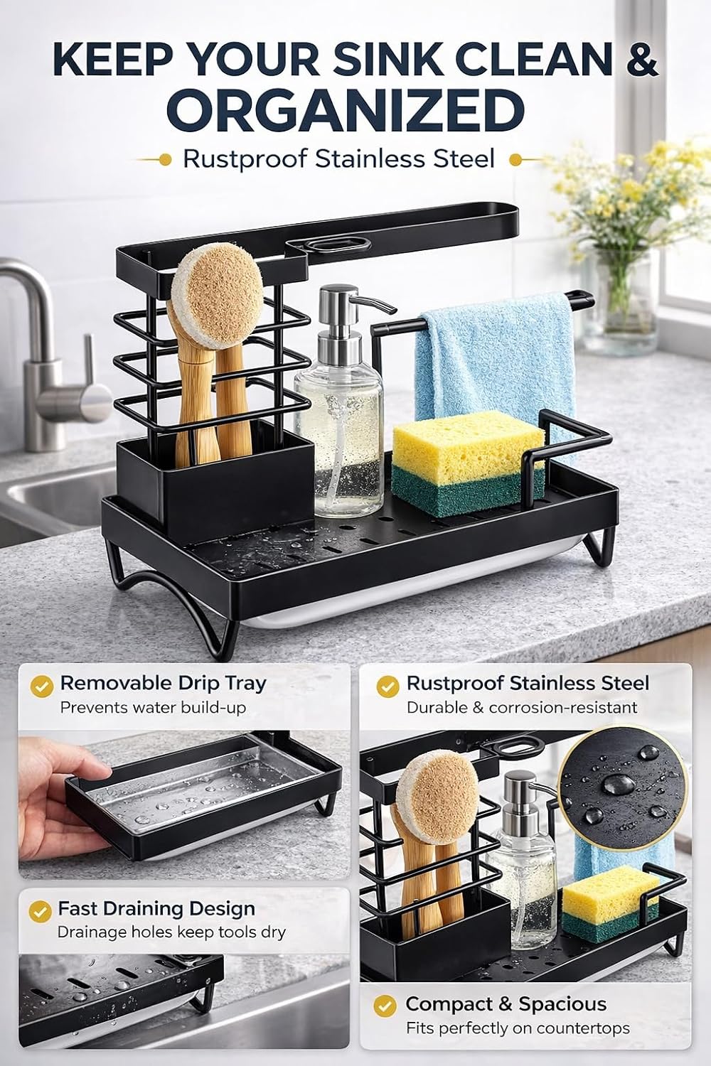 Organizador para fregadero cocina acero inoxidable con bandeja drenaje y toallero