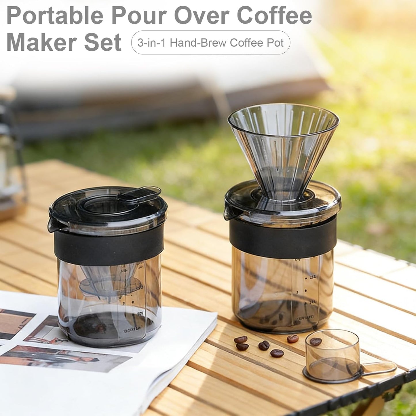 Juego cafetera portátil 3 en 1 con cuchara y embudo
