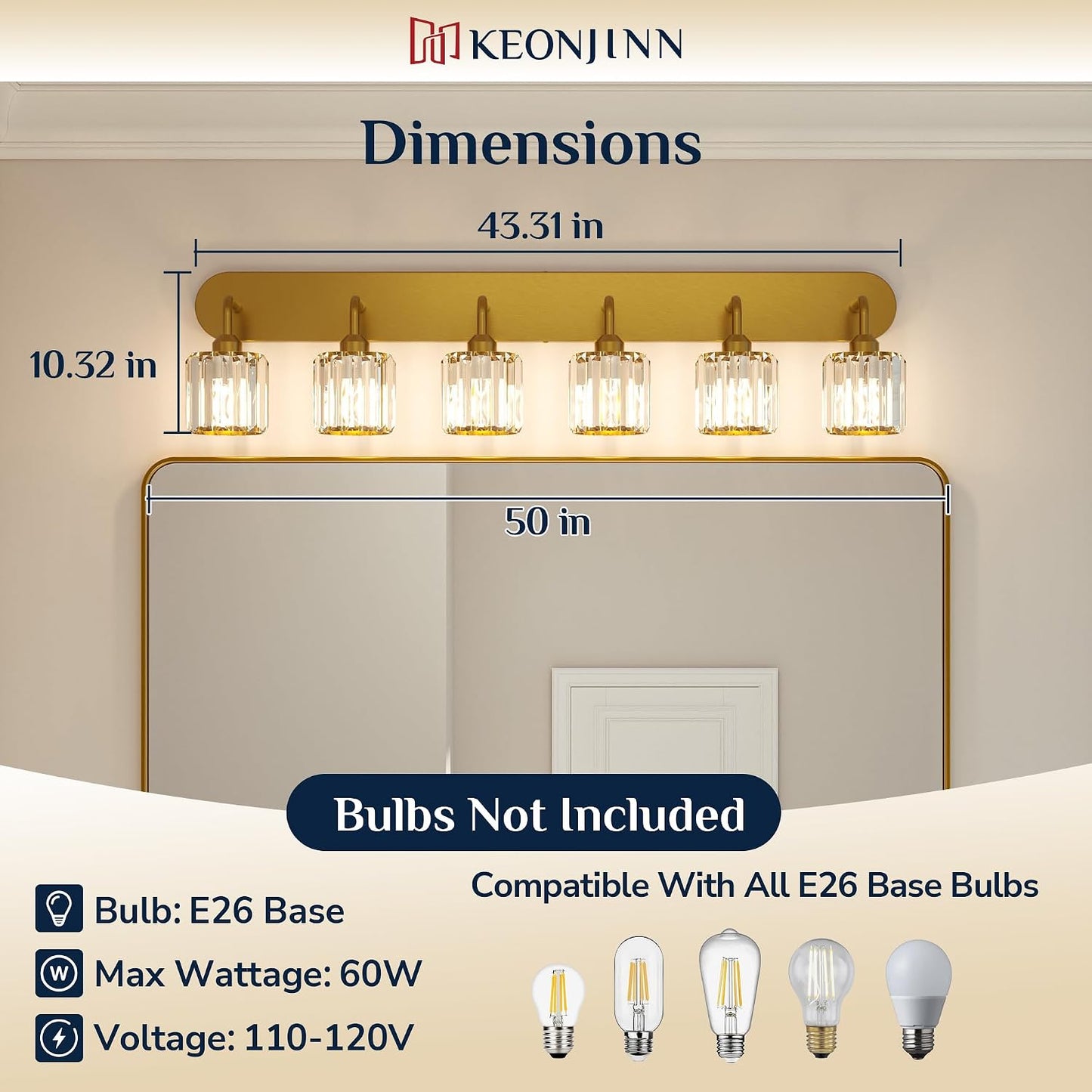 Lámpara baño 6 luces doradas cristal sobre espejo E26