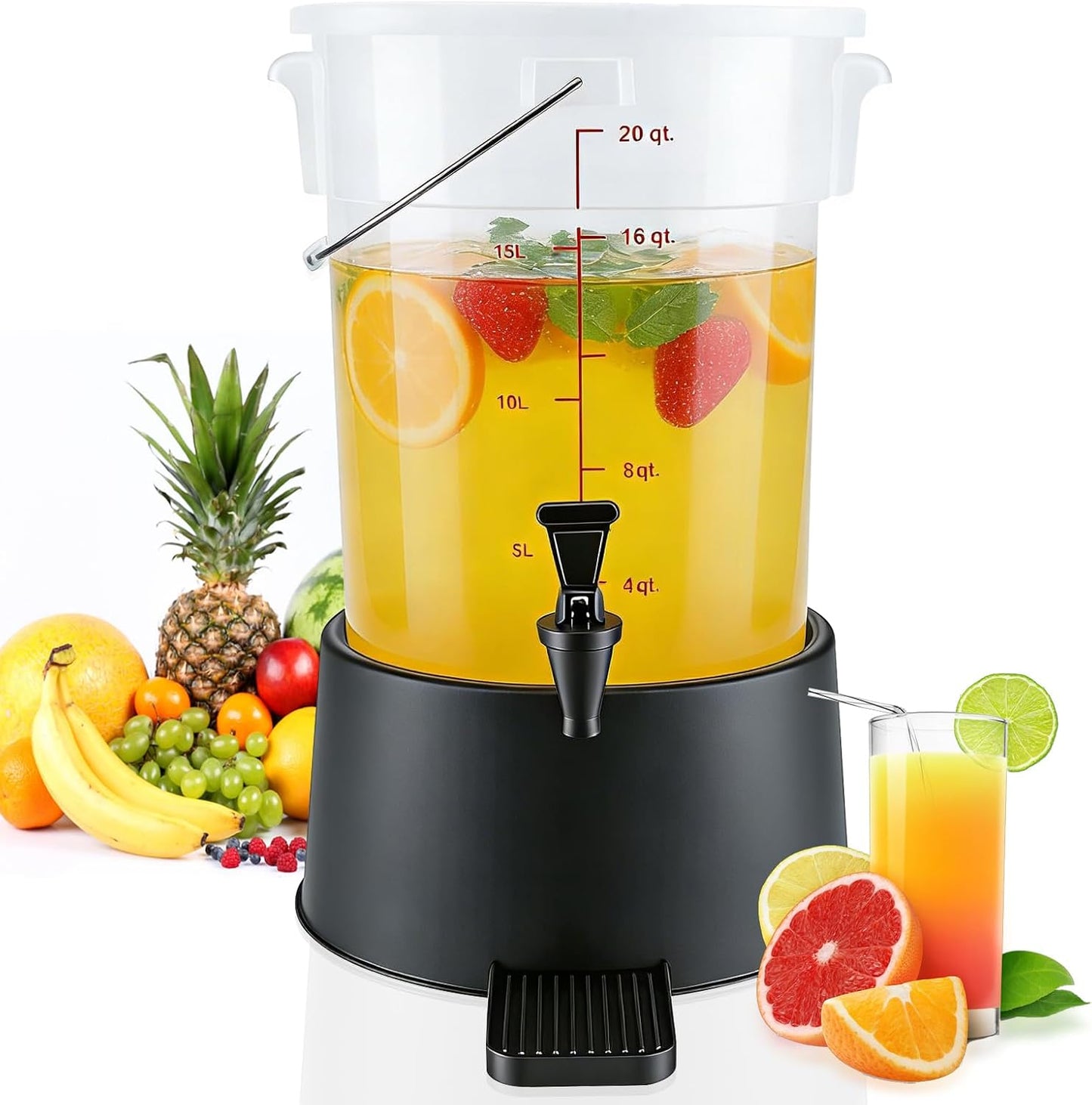 Dispensador redondo de bebidas con tapa y asa para eventos