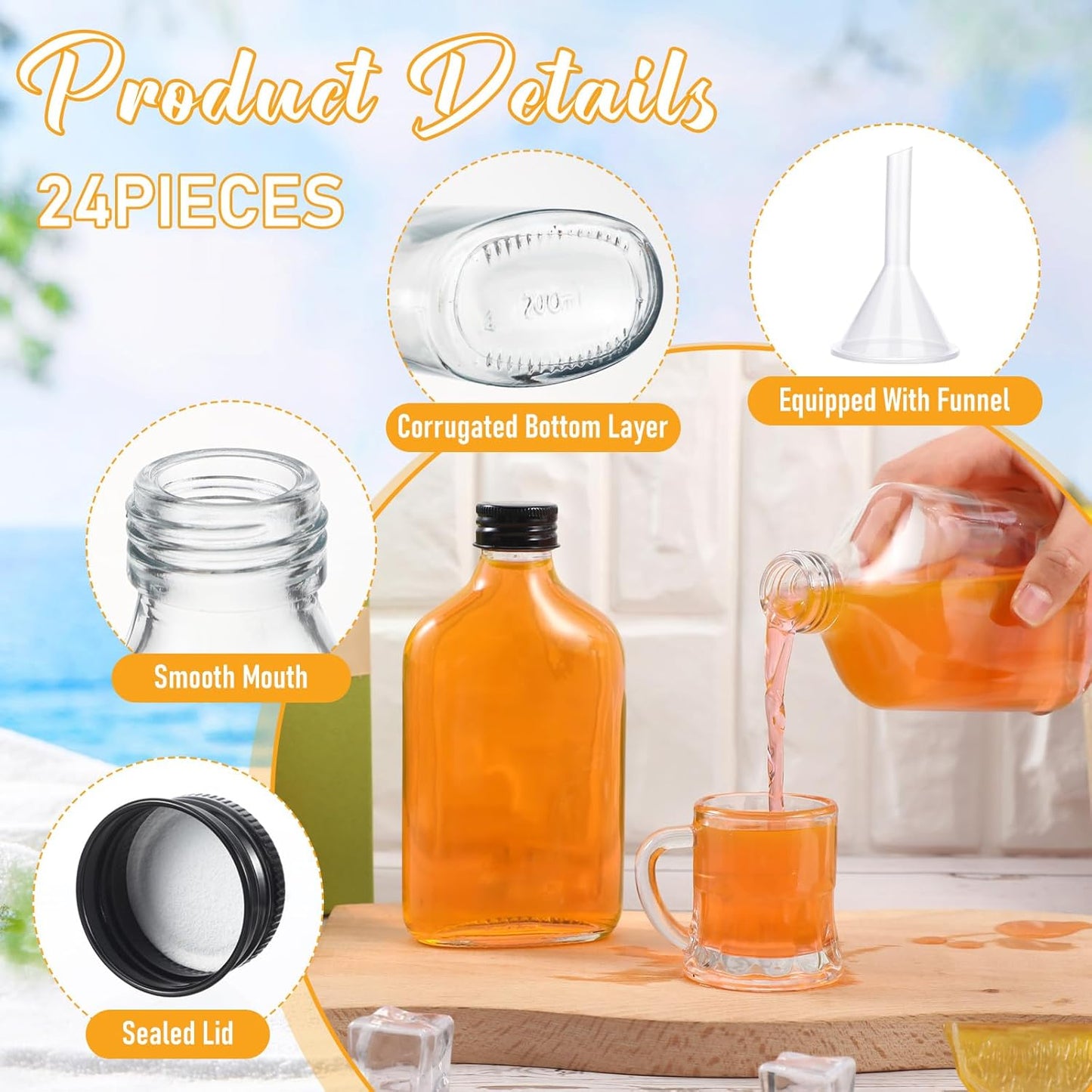 48 Botellas Vidrio Reutilizables Con Tapas Negras y Embudo