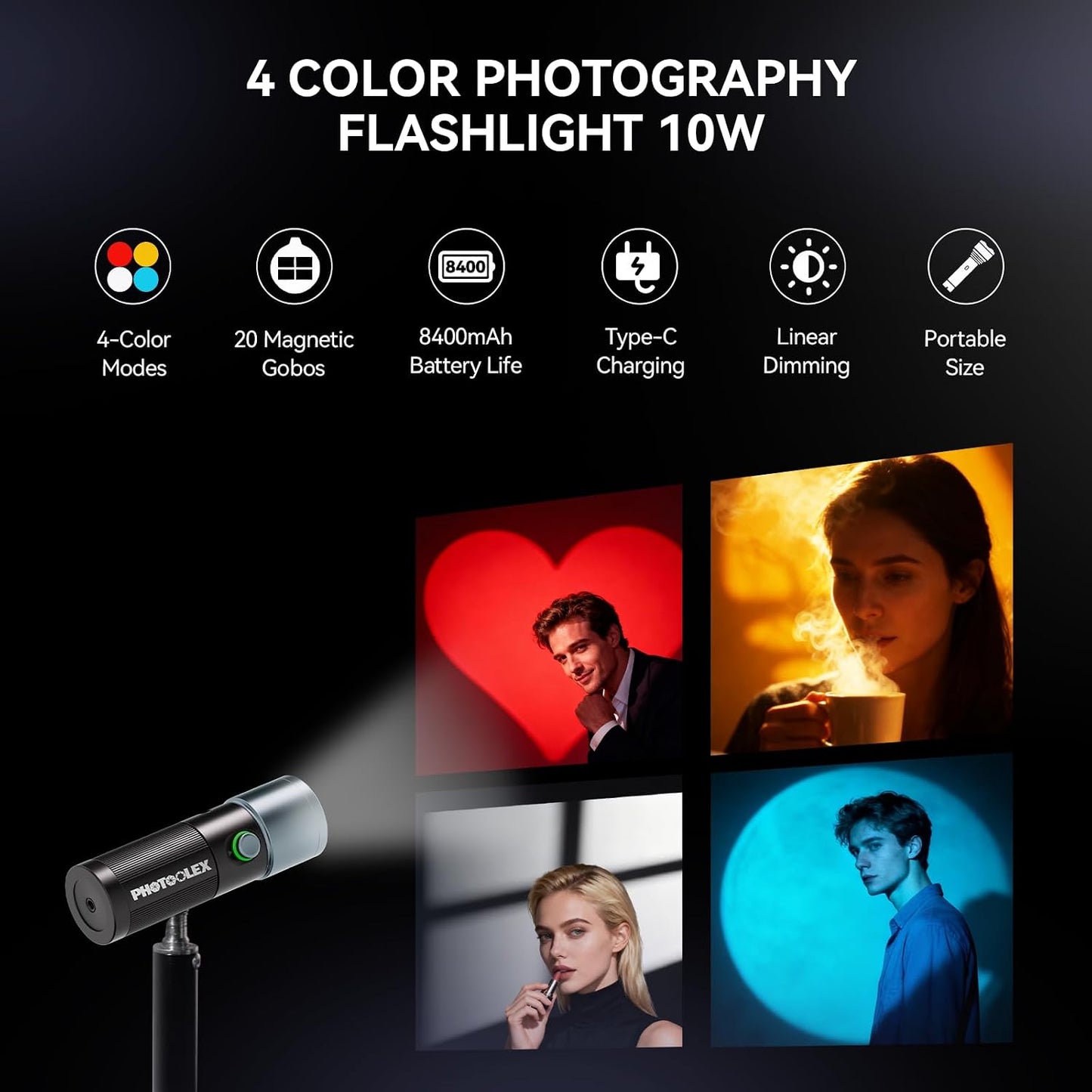 Linterna estudio LED 10W 8400mAh con Gobos magnéticos 20 patrones