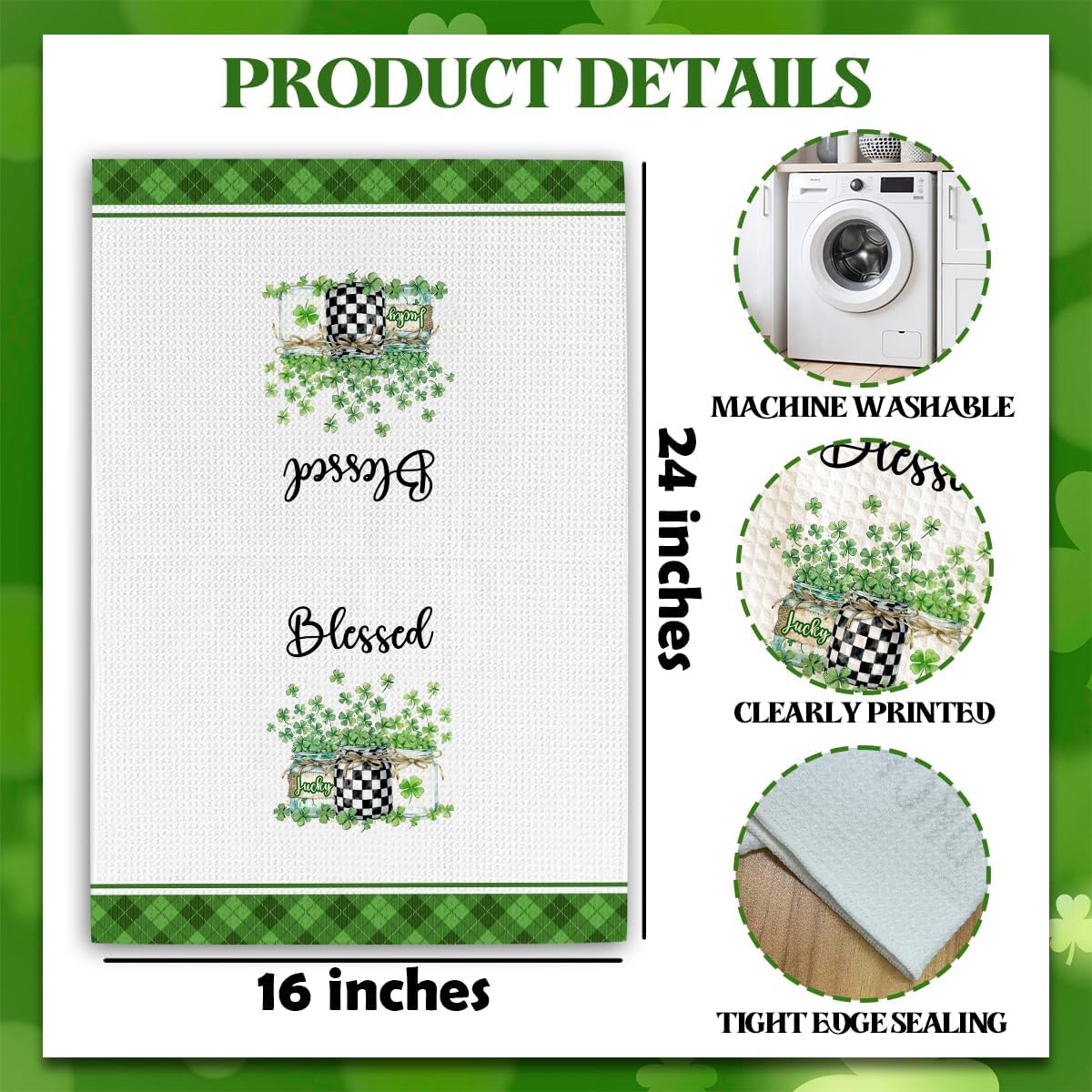 Toallas de cocina San Patricio a cuadros verde con motivo shamrock 16 x 24 pulgadas