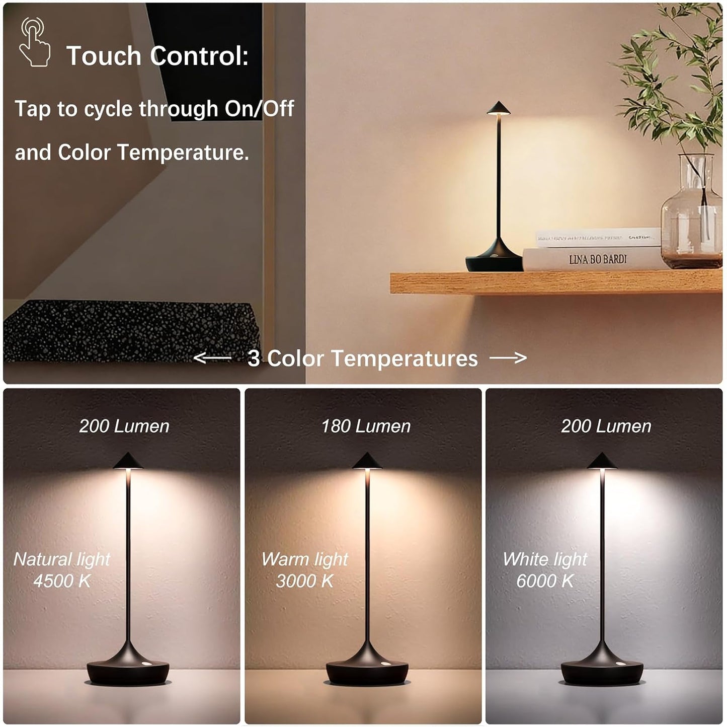 2 Lámparas Mesa LED Recargables Inalámbricas 3 Colores