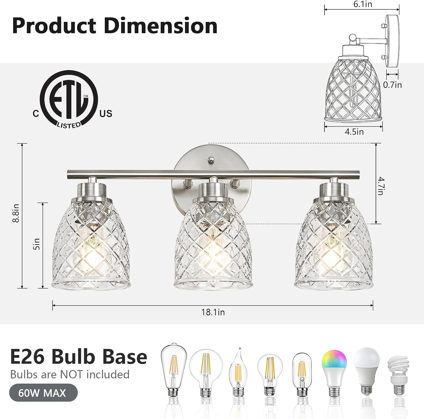 Lámpara baño 3 luces níquel cepillado vidrio martillado