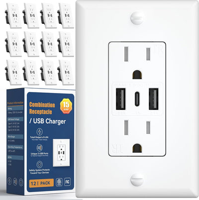 Tomacorrientes USB 6A 12 Pzas 3 Puertos 30W Tipo A y C