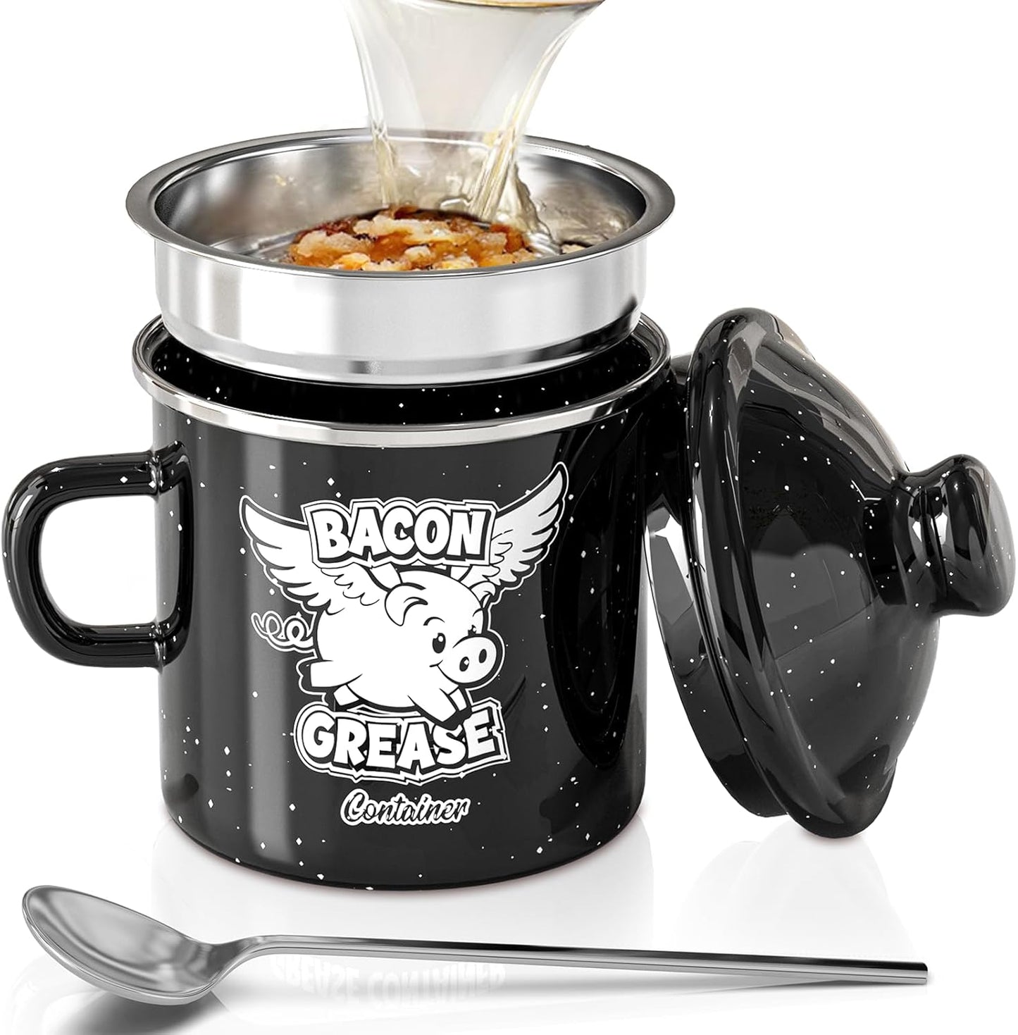 Recipiente de grasa de tocino con colador de 15 oz negro