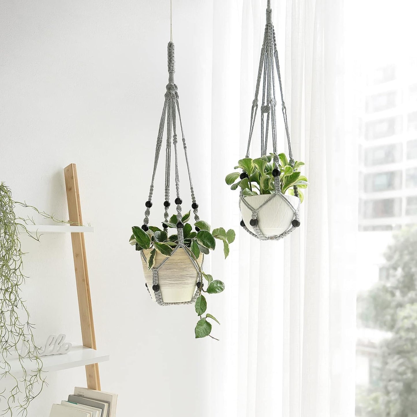 Colgador plantas macramé madera soporte boho 35pulg gris set 2