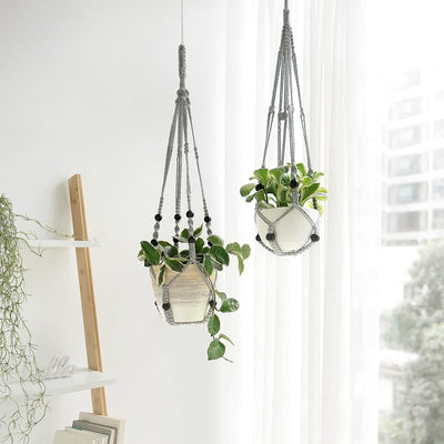 Colgador plantas macramé madera soporte boho 35pulg gris set 2