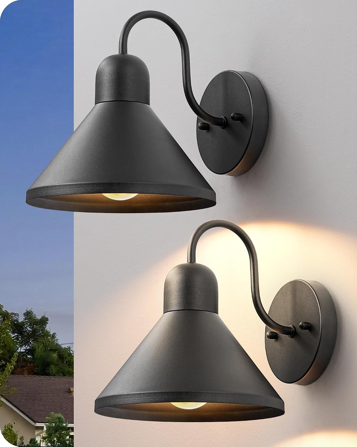 2 Lámparas pared exterior cuello cisne 8pulg linterna negra mate