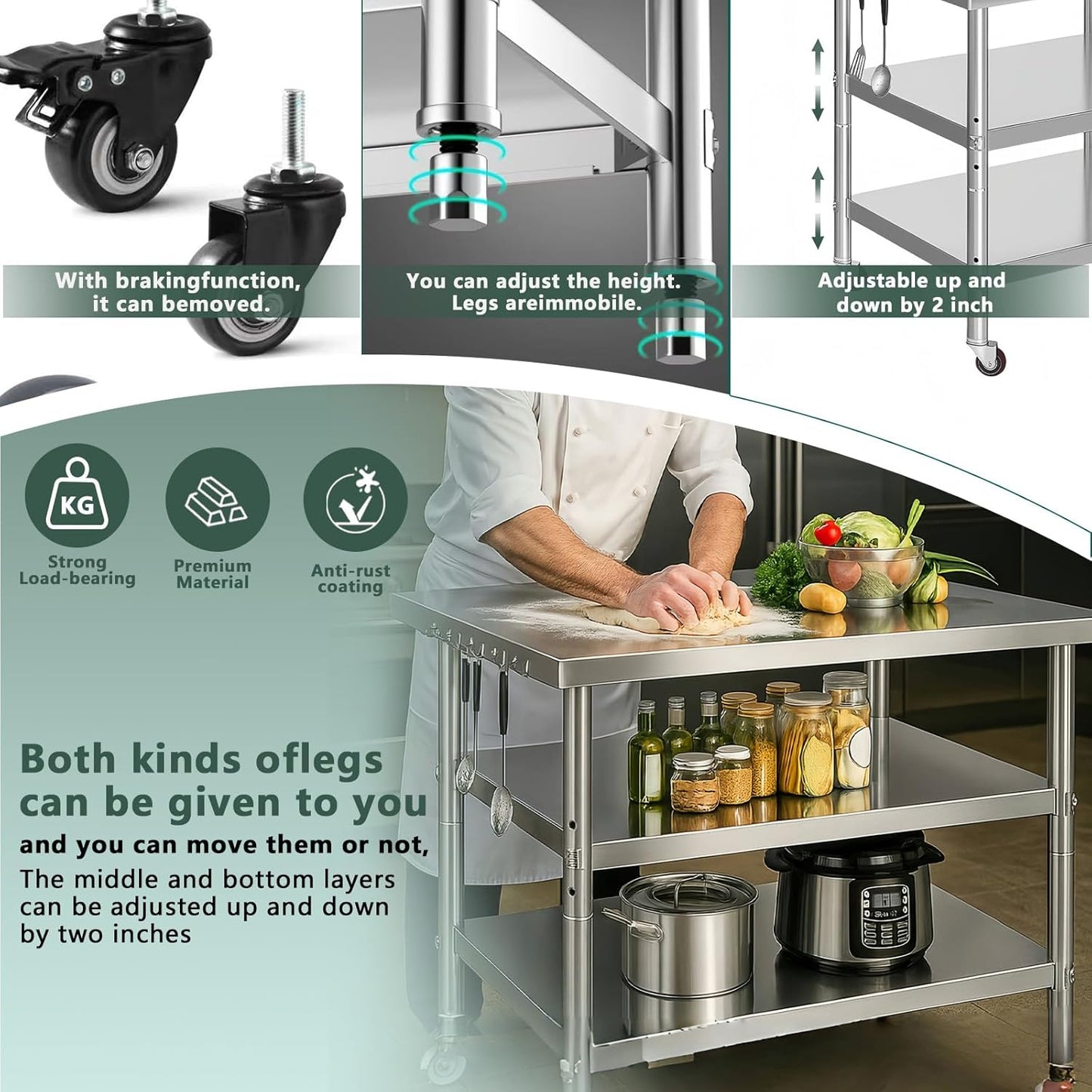 Mesa Acero Inox Ruedas Banco Trabajo Comercial 2-3 Capas