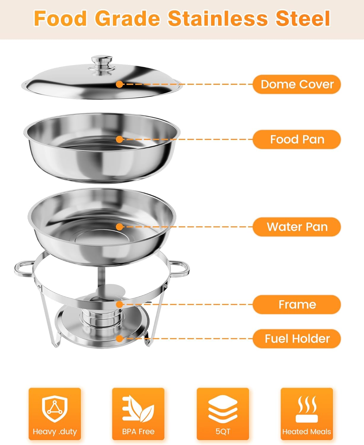 Set 6 Chafer Acero Inox con Cubierta y Utensilios