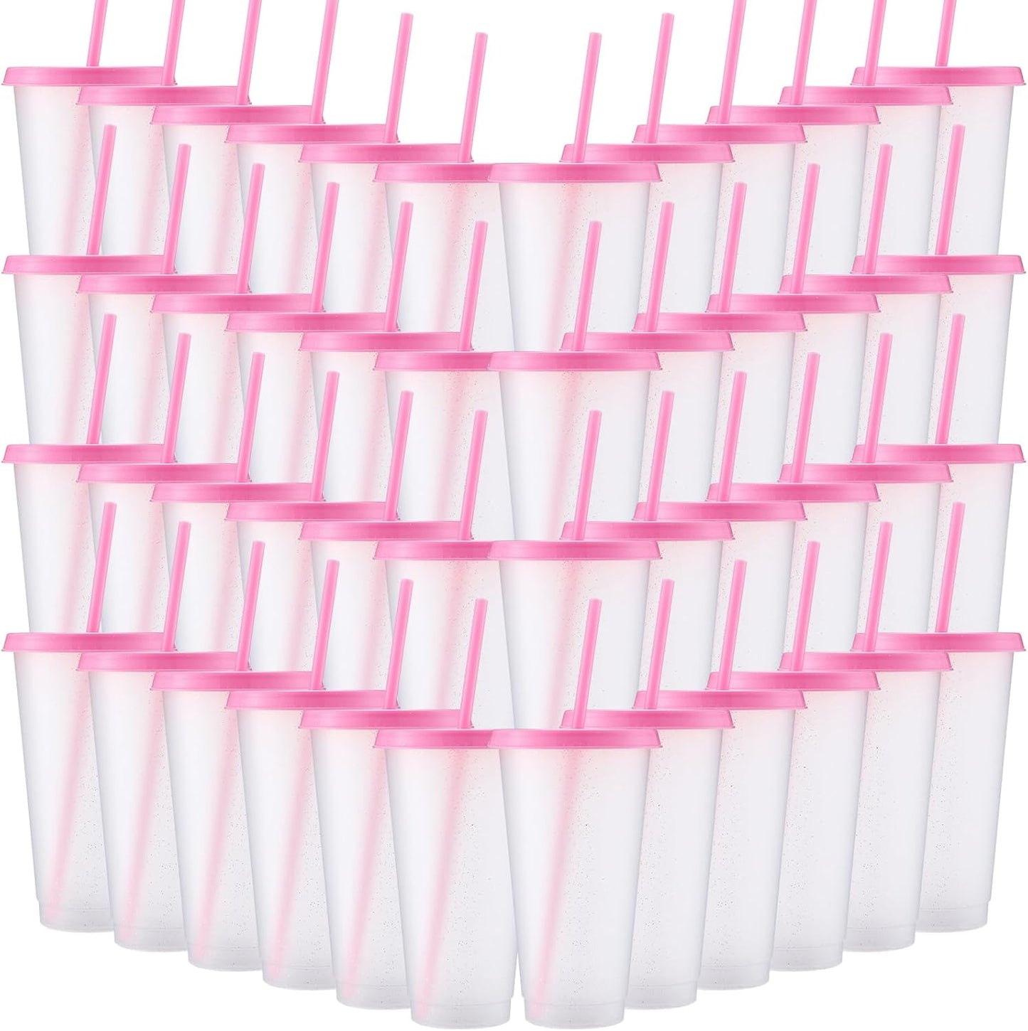60 Vasos Plástico con Popote Tapa 24-27oz Transparente Rosa