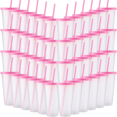 60 Vasos Plástico con Popote Tapa 24-27oz Transparente Rosa