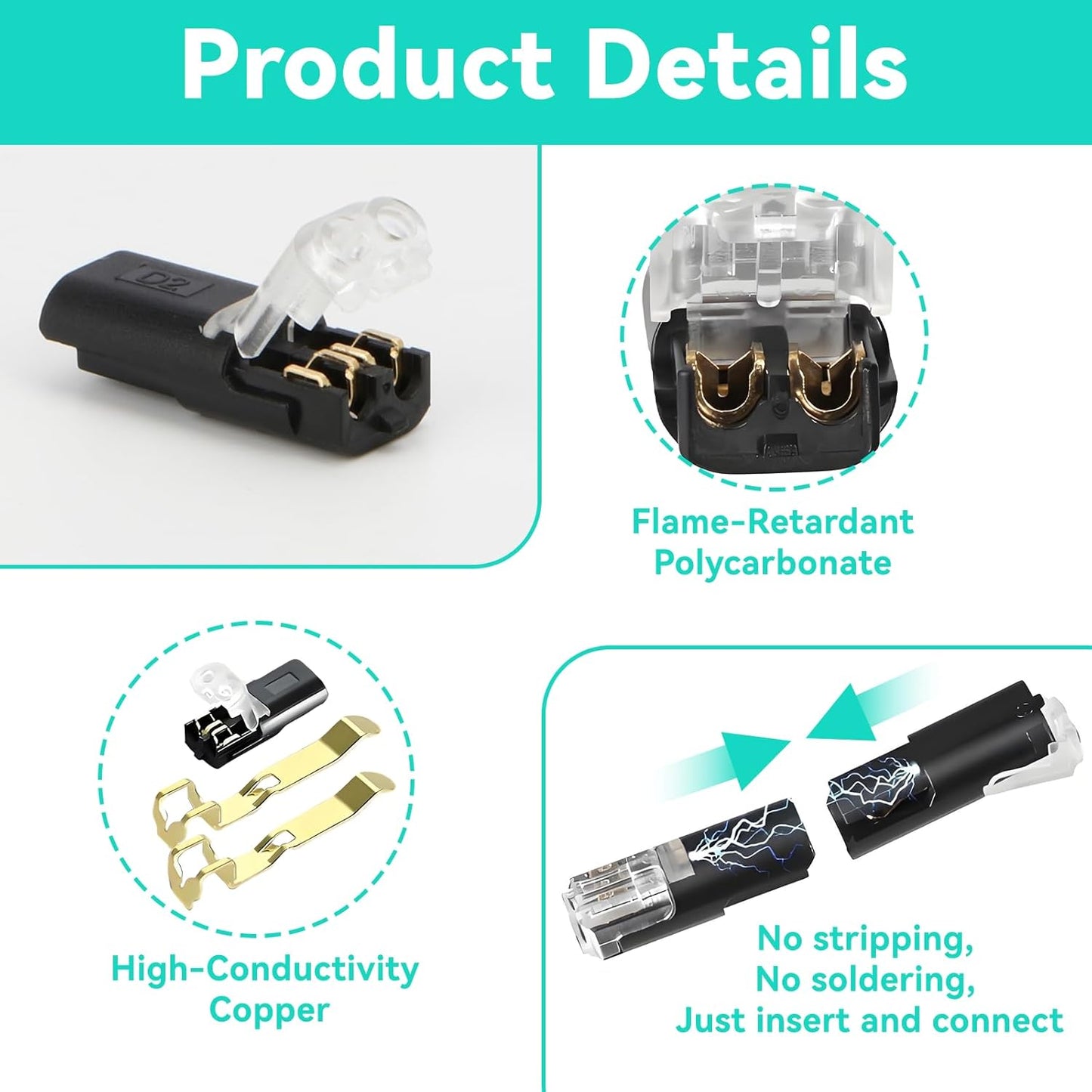 100 Conectores Doble Cable 2 Pines Hebilla Bloqueo Luces LED