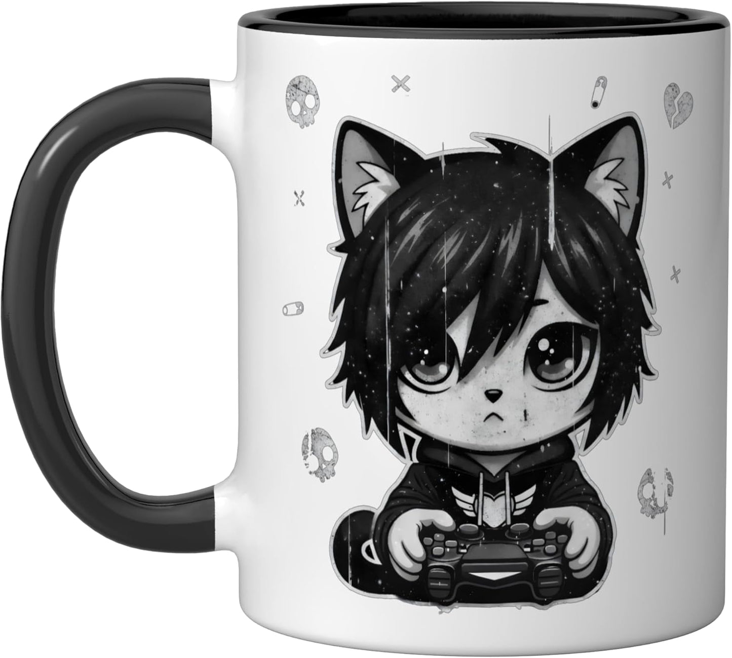 Taza de cerámica emo goth gamer con diseño negro y blanco