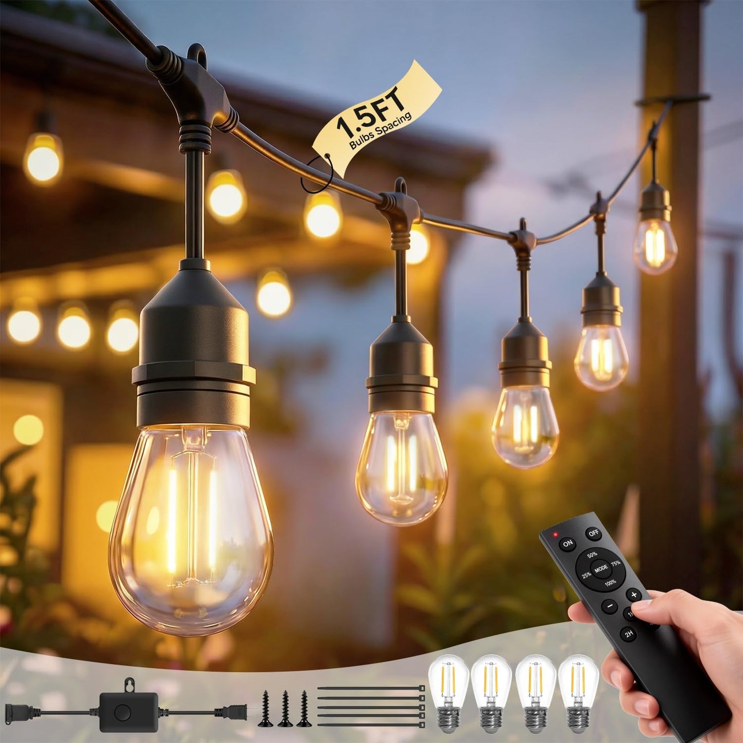 Tira luces S14 100ft 644 bombillas IP65 regulable control remoto