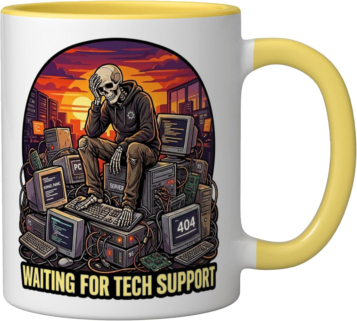 Taza Cerámica Esqueleto Computadora Soporte Amarillo Blanco