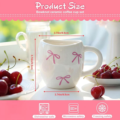 Juego de 2 tazas de cerámica con lazo rosa Cottagecore para latte matcha