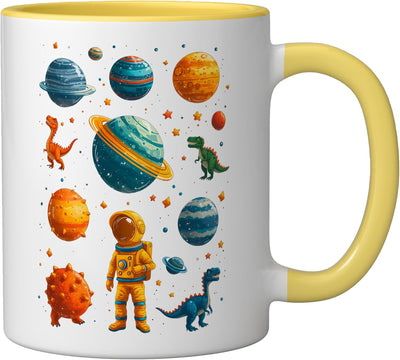 Taza cerámica de dinosaurio T-Rex espacio planeta amarilla/blanca