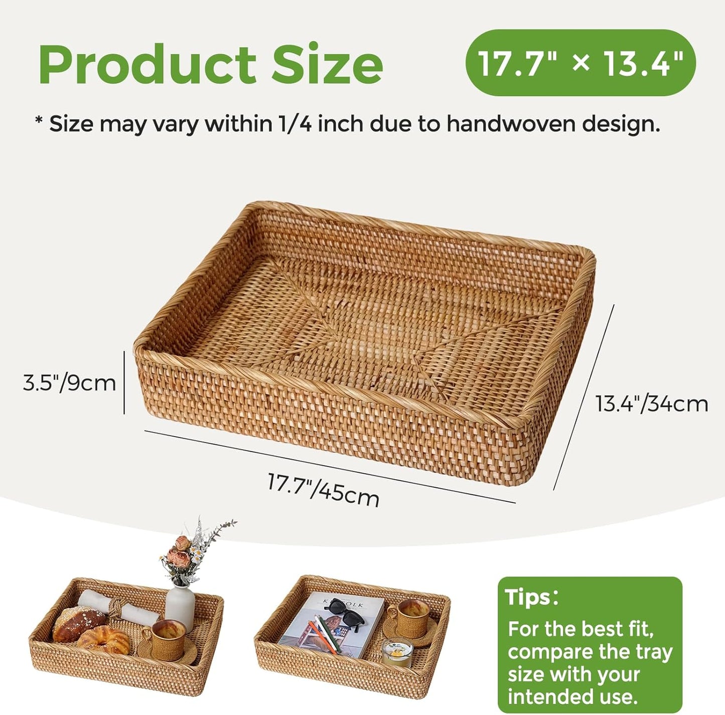 Bandeja de mimbre rectangular para baño y sala de estar XL