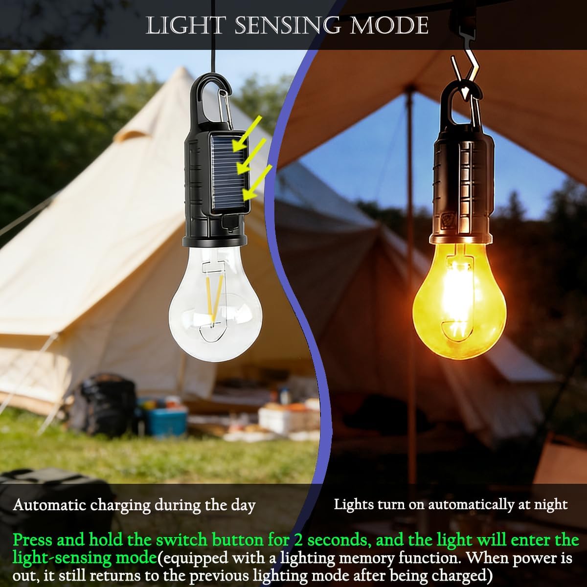 Linterna solar LED portátil para campamento con sensor