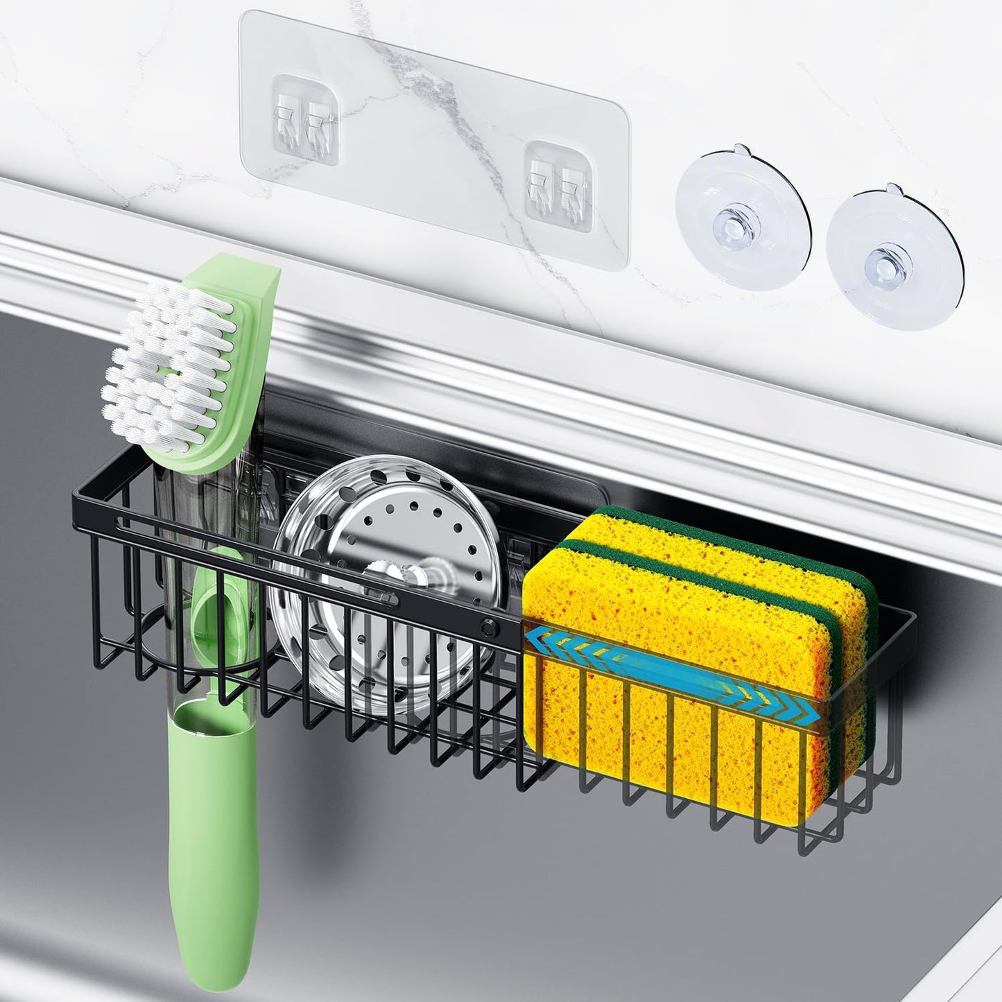 Organizador extensible para fregadero de cocina con soporte desmontable de esponja y ventosas - negro