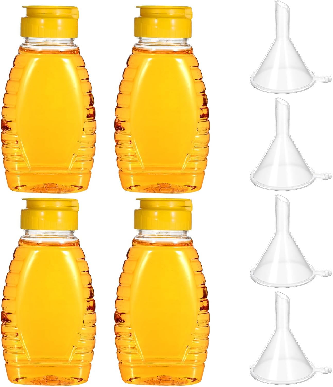 Jarras de miel vacías con embudo plástico transparente dispensador con tapa reversible 4 piezas