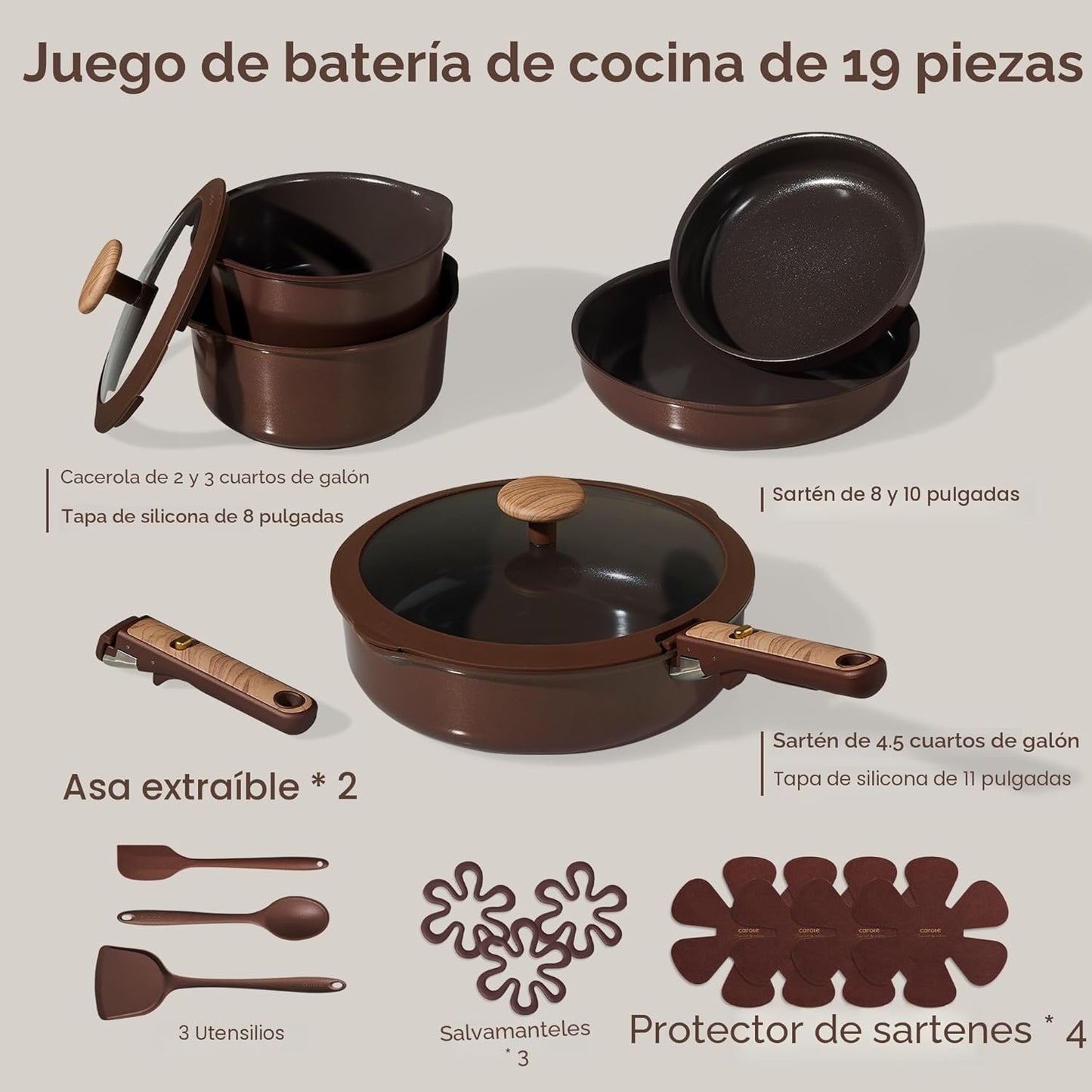 Set 19 Pzas Cerámica Cocina con Asa Desmontable para Caravanas