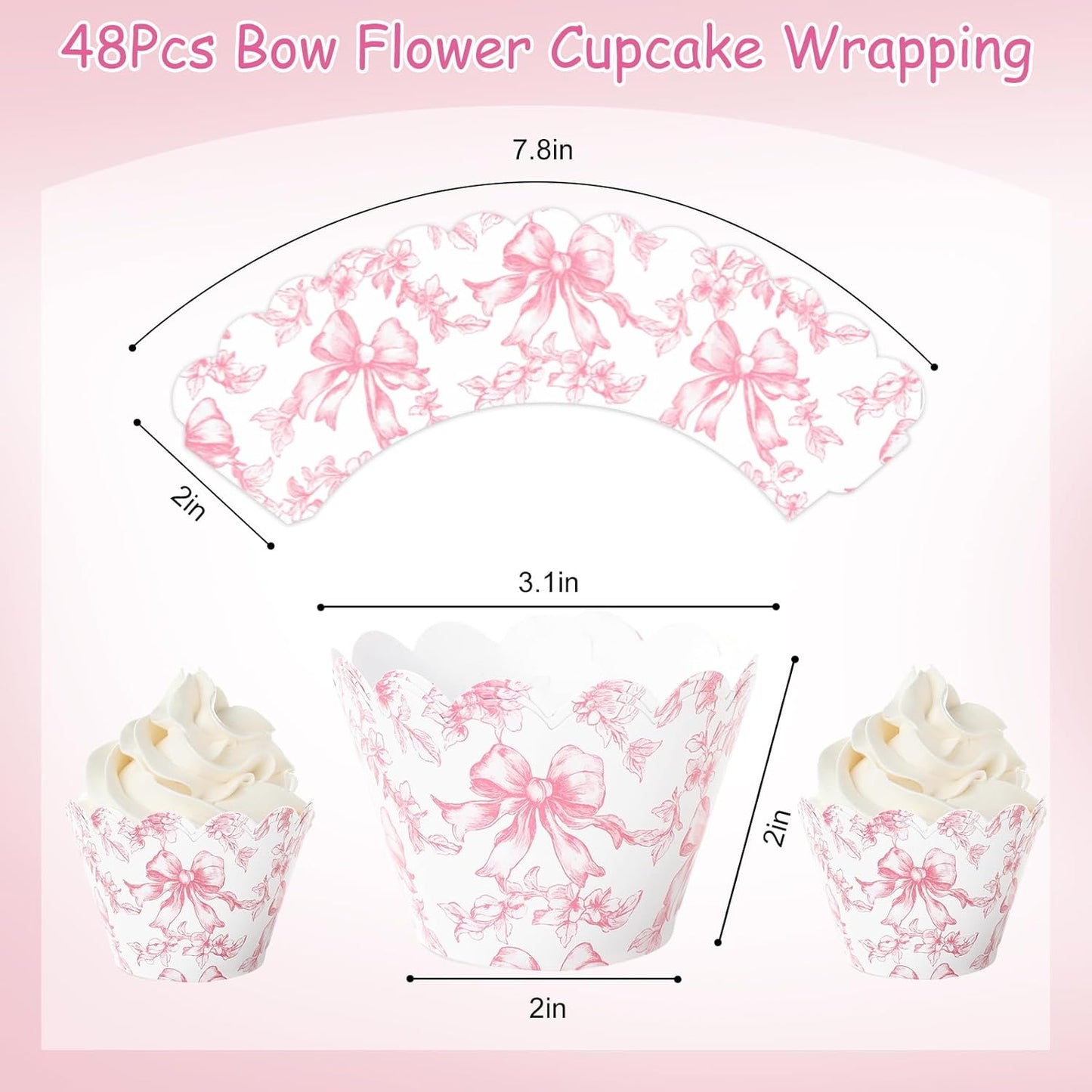 Papel para cupcakes con lazo floral rosa Whaline 48 unidades
