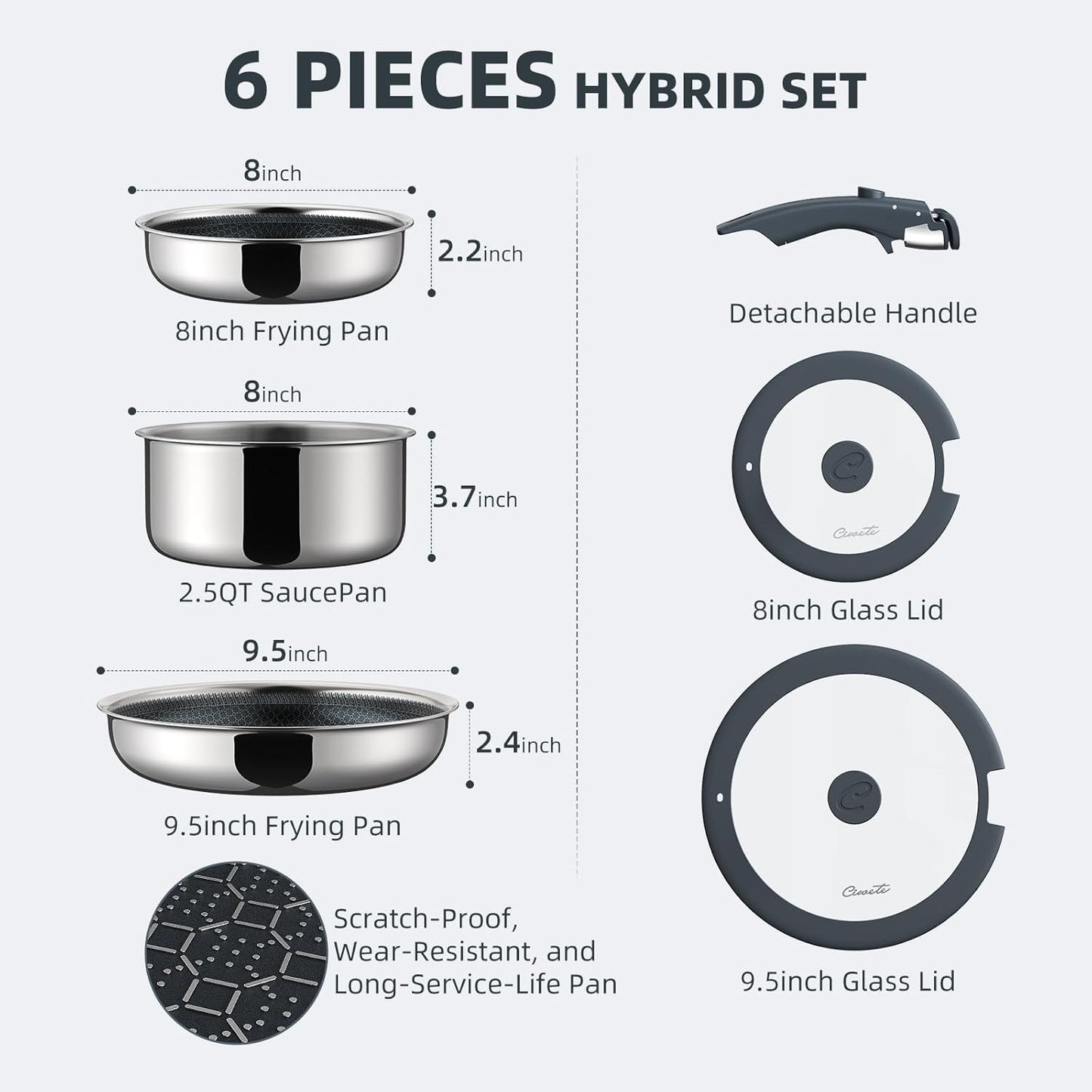 Set 6 Ollas Sartenes Acero Inox Antiadherente Tapa